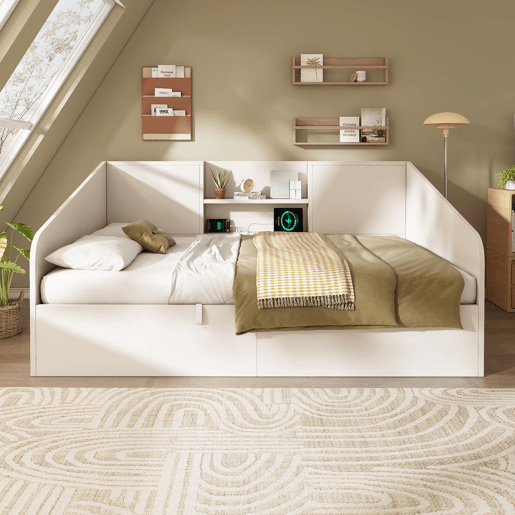 Cama individual 90x200 - Hidráulica com arrumação, 2 prateleiras, USBType-C - Branca Cama individual 90x200 - Hidráulica com arrumação, 2 prateleiras, USBType-C - Branca