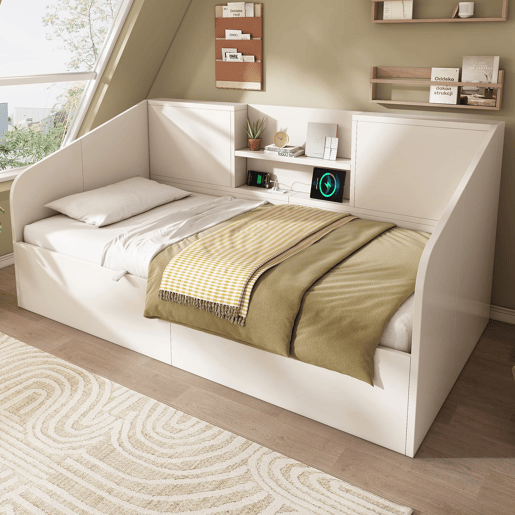 Cama individual 90x200 - Hidráulica com arrumação, 2 prateleiras, USBType-C - Branca Cama individual 90x200 - Hidráulica com arrumação, 2 prateleiras, USBType-C - Branca