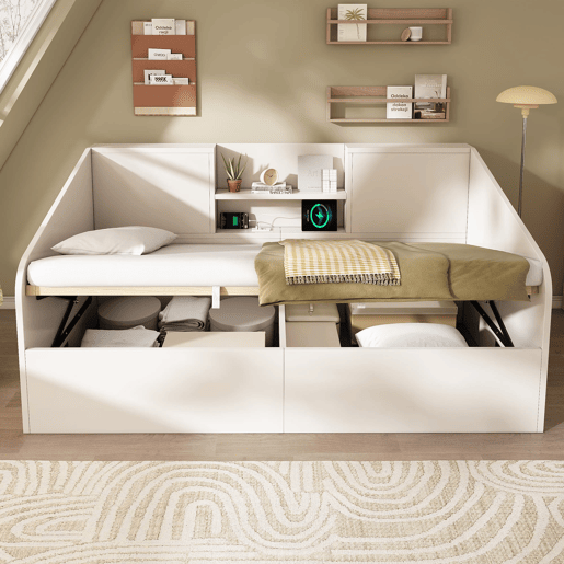 Cama individual 90x200 - Hidráulica com arrumação, 2 prateleiras, USBType-C - Branca Cama individual 90x200 - Hidráulica com arrumação, 2 prateleiras, USBType-C - Branca