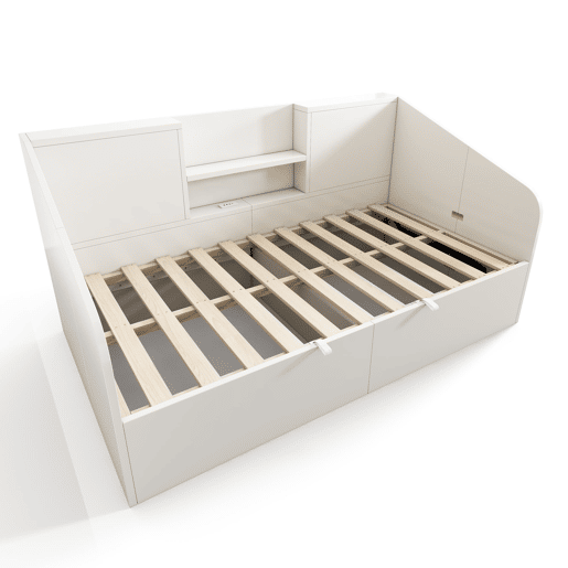 Cama individual 90x200 - Hidráulica com arrumação, 2 prateleiras, USBType-C - Branca Cama individual 90x200 - Hidráulica com arrumação, 2 prateleiras, USBType-C - Branca