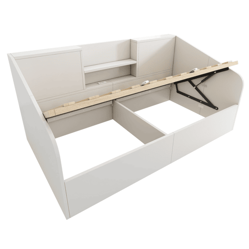Cama individual 90x200 - Hidráulica com arrumação, 2 prateleiras, USBType-C - Branca Cama individual 90x200 - Hidráulica com arrumação, 2 prateleiras, USBType-C - Branca