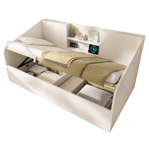 Cama individual 90x200 - Hidráulica com arrumação, 2 prateleiras, USBType-C - Branca Cama individual 90x200 - Hidráulica com arrumação, 2 prateleiras, USBType-C - Branca