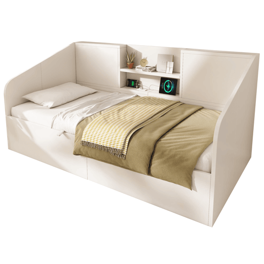 Cama individual 90x200 - Hidráulica com arrumação, 2 prateleiras, USBType-C - Branca Cama individual 90x200 - Hidráulica com arrumação, 2 prateleiras, USBType-C - Branca