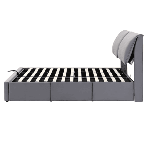 Cama estofada 160x200 - hidráulica com 3 gavetas e arrumação - cinzenta