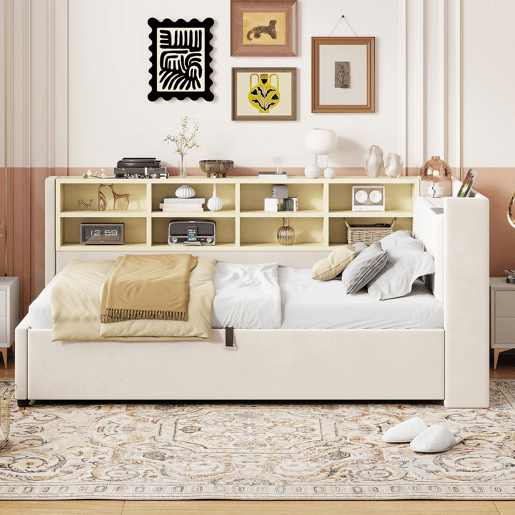 Sofá-cama estofado 90 x 200 cm - canapé hidráulico, luz noturna, portas USB e Tipo-C, prateleiras e arrumação, cabeceira acolchoada - veludo bege