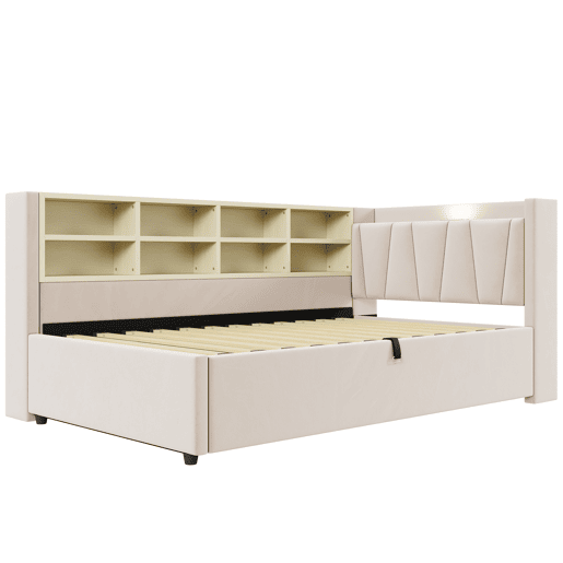 Sofá-cama estofado 90 x 200 cm - canapé hidráulico, luz noturna, portas USB e Tipo-C, prateleiras e arrumação, cabeceira acolchoada - veludo bege