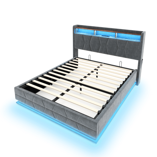 Cama multifuncional 160x200 cm - Iluminação LED, prateleiras abertas, bolsos laterais, carregador USBType-C, cabeceira com arrumação - Cinza escuro