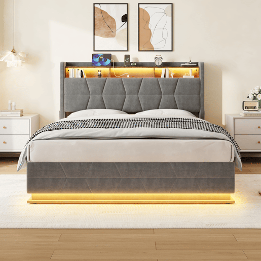 Cama multifuncional 160x200 cm - Iluminação LED, prateleiras abertas, bolsos laterais, carregador USBType-C, cabeceira com arrumação - Cinza escuro