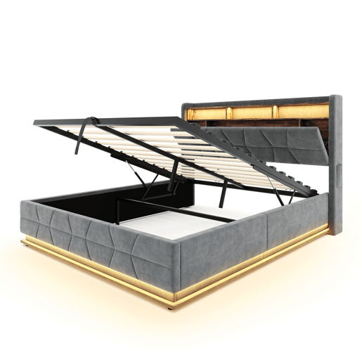 Cama multifuncional 160x200 cm - Iluminação LED, prateleiras abertas, bolsos laterais, carregador USBType-C, cabeceira com arrumação - Cinza escuro