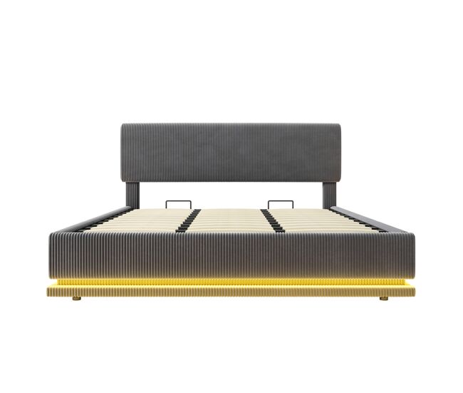 Cama tapizada moderna 180x200 - con iluminación led, usb-c, cabezal ajustable, almacenamiento - gris