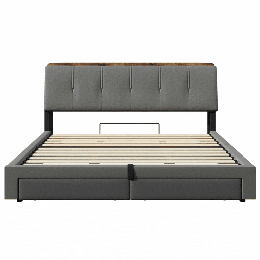 Cama estofada 180x200 cm - armazenamento hidráulico, USB Tipo-C, LED, sem colchão, armazenamento multifuncional, controlo por botãoaplicação - cinzento