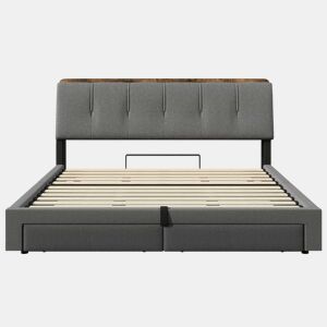 Cama estofada 180x200 cm - armazenamento hidráulico, USB Tipo-C, LED, sem colchão, armazenamento multifuncional, controlo por botãoaplicação - cinzento