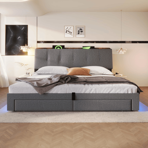 Cama estofada 180x200 cm - armazenamento hidráulico, USB Tipo-C, LED, sem colchão, armazenamento multifuncional, controlo por botãoaplicação - cinzento