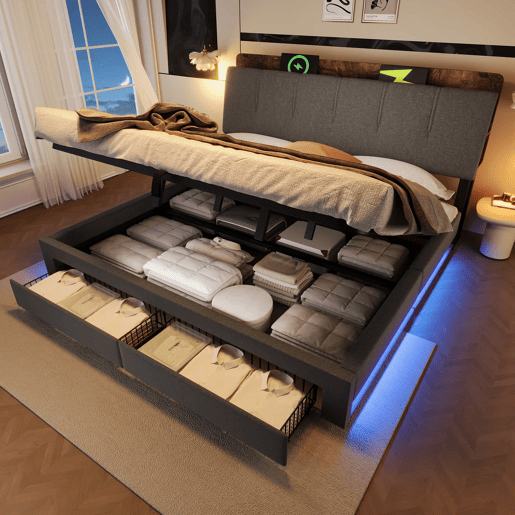 Cama estofada 180x200 cm - armazenamento hidráulico, USB Tipo-C, LED, sem colchão, armazenamento multifuncional, controlo por botãoaplicação - cinzento