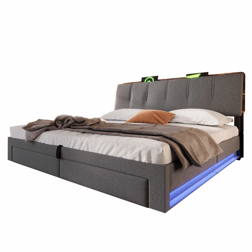 Cama estofada 180x200 cm - armazenamento hidráulico, USB Tipo-C, LED, sem colchão, armazenamento multifuncional, controlo por botãoaplicação - cinzento
