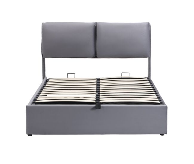 Cama tapizada hidráulica 140x200 - con cajones y canapé, cabecero - gris