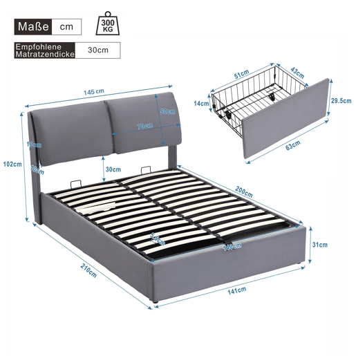 Cama estofada hidráulica 140x200 - com gavetas e canapé, cabeceira - cinza