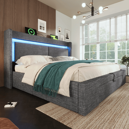 Cama estofada 140x200 cm - Armazenamento hidráulico, LED, USBUSB-C, cabeceira com gaveta - Cinza