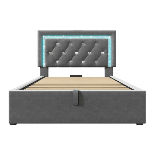 Cama individual 90x200 u2013 LED na cabeceira, USBType-C, baú hidráulico u2013 Cinza