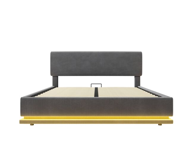 Cama tapizada moderna 160x200 cm - iluminación led, cargador usb-c, cabecero ajustable, tela de cordón, almacenamiento, gris