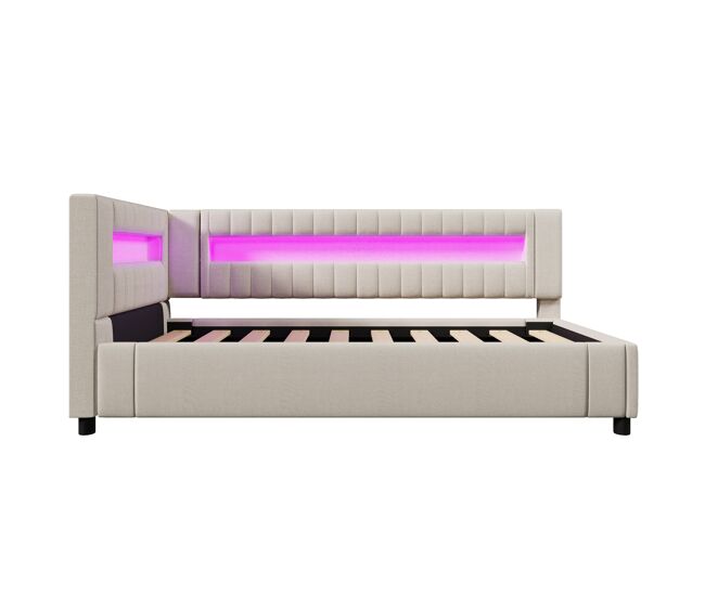 Sofá cama 90x200 cm - led con mando, almacenamiento hidráulico, usb+type-c - beige