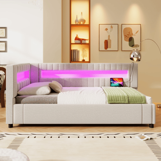Sofá-cama 90x200 cm - LED com comando, armazenamento hidráulico, USB+TYPE-C - Bege