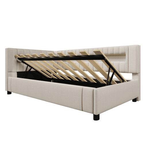 Sofá-cama 90x200 cm - LED com comando, armazenamento hidráulico, USB+TYPE-C - Bege