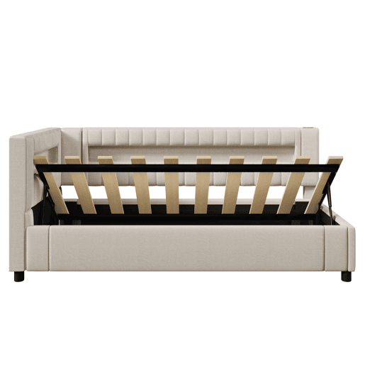 Sofá-cama 90x200 cm - LED com comando, armazenamento hidráulico, USB+TYPE-C - Bege