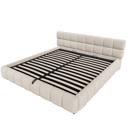 Cama estofada 180x200 - Cabeceira e laterais acolchoadas, armazenamento hidráulico, luz LED - Bege