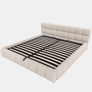 Cama estofada 180x200 - Cabeceira e laterais acolchoadas, armazenamento hidráulico, luz LED - Bege