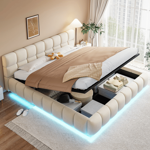Cama estofada 180x200 - Cabeceira e laterais acolchoadas, armazenamento hidráulico, luz LED - Bege