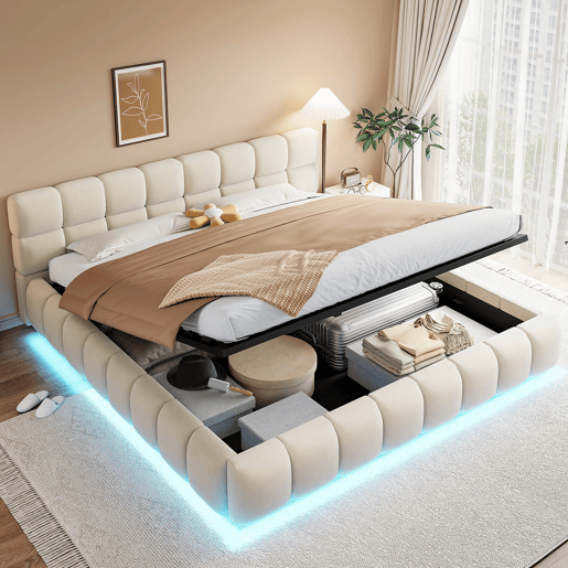 Cama estofada 180x200 - Cabeceira e laterais acolchoadas, armazenamento hidráulico, luz LED - Bege