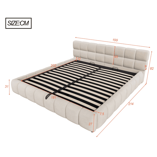 Cama estofada 180x200 - Cabeceira e laterais acolchoadas, armazenamento hidráulico, luz LED - Bege