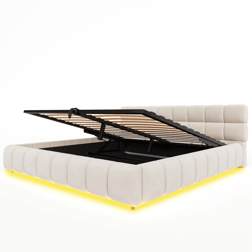 Cama estofada 180x200 - Cabeceira e laterais acolchoadas, armazenamento hidráulico, luz LED - Bege
