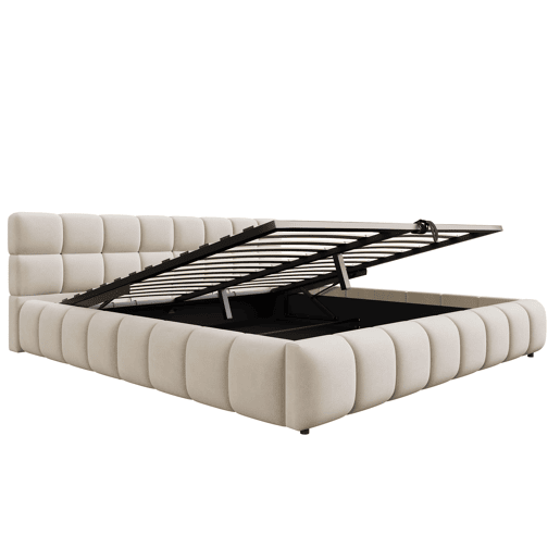 Cama estofada 180x200 - Cabeceira e laterais acolchoadas, armazenamento hidráulico, luz LED - Bege