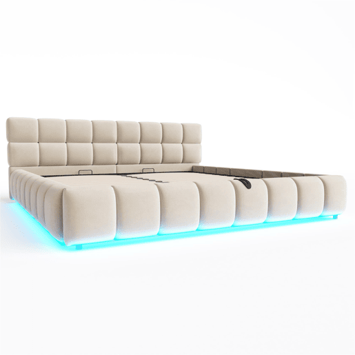 Cama estofada 180x200 - Cabeceira e laterais acolchoadas, armazenamento hidráulico, luz LED - Bege