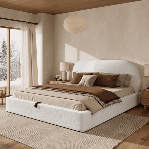 Cama de casal estofada 180x200 - cama funcional com baú e cabeceira acolchoada - bege bouclé