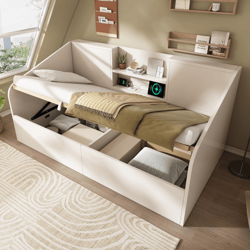 Cama individual 90x190 cm - Hidráulica com 2 prateleiras, grande capacidade de armazenamento, USBType-C - Branco