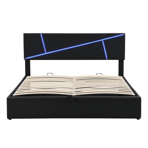 Cama de casal 140x200 cm - Estofada com LED, encosto e função hidráulica - Preto
