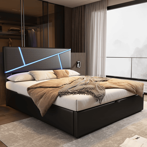 Cama de casal 140x200 cm - Estofada com LED, encosto e função hidráulica - Preto