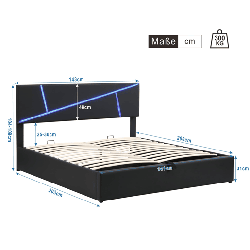Cama de casal 140x200 cm - Estofada com LED, encosto e função hidráulica - Preto
