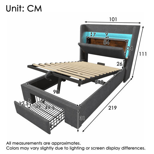Cama estofada 90x200 - armazenamento hidráulico, cabeceira com LED e USB - Cinza