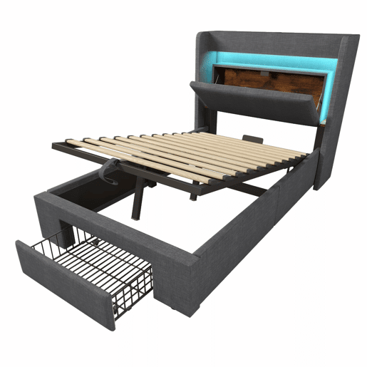 Cama estofada 90x200 - armazenamento hidráulico, cabeceira com LED e USB - Cinza