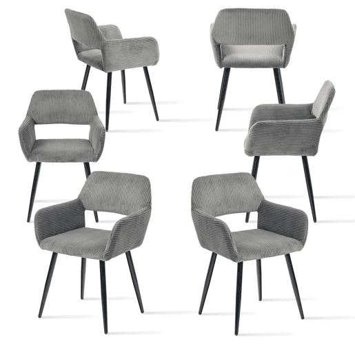 Jogo de 6 Cadeiras de Jantar Modernas Estofadas em Veludo Cotelê Cinza com Pés de Metal Efeito Madeira e Design Ergonómico com Apoio de Braços Capacidade de Carga até 120 kg da MEUBLES COSY