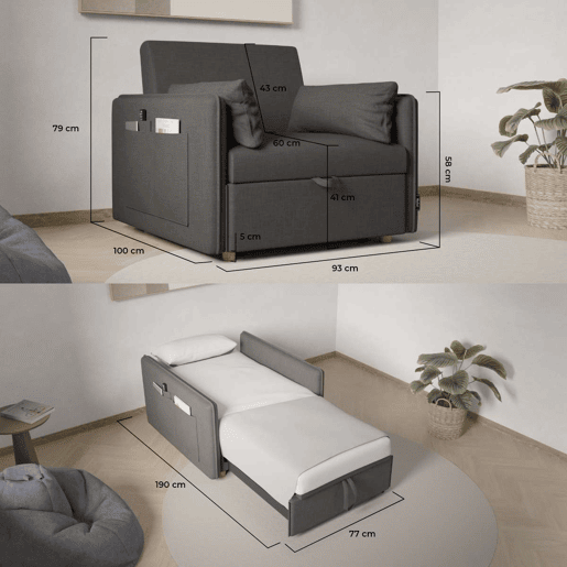 Poltrona cama Nest 1 Nalui Recliner 3 em 1 (93x100x79cm) com 2 almofadas Gris Antracita