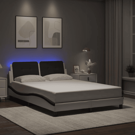 Estrutura de Cama de casal moderno com LED sem colchão Zadar 140x200cm brancopreto