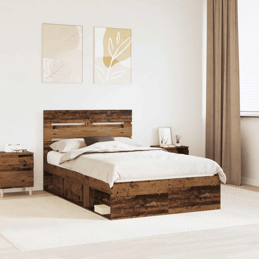 Estrutura de cama de casal com cabeceira - Madeira antiga 135 x 190 cm