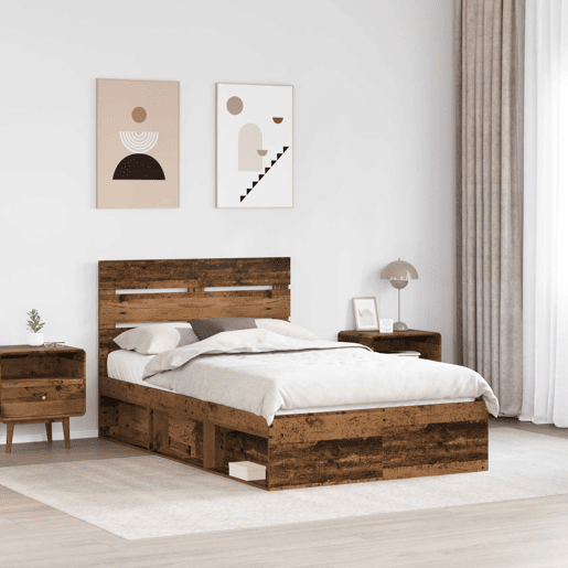Estrutura de cama de casal com cabeceira - Madeira antiga 135 x 190 cm