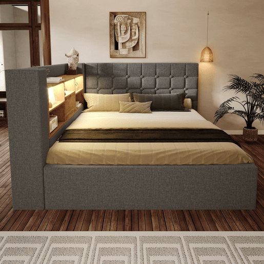Cama estofada 140x190 - LED, armazenamento hidráulico, cabeceira em L, colchão não incluído - Cinza