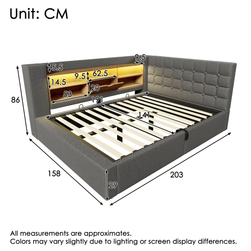 Cama estofada 140x190 - LED, armazenamento hidráulico, cabeceira em L, colchão não incluído - Cinza